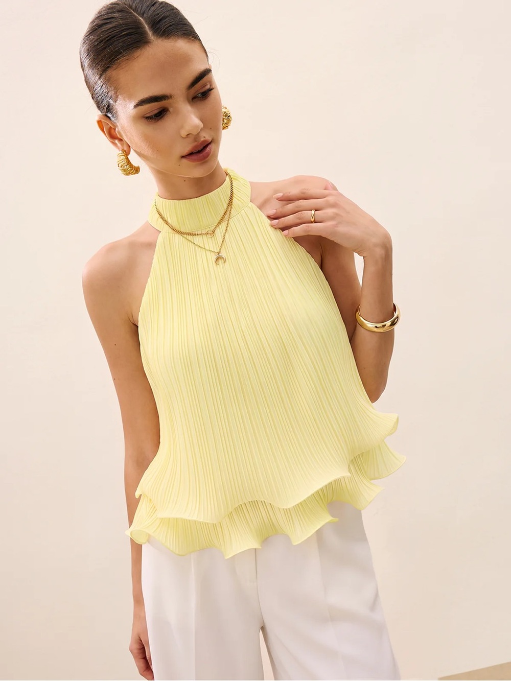 Commense Pleated Halter Ruffle Camisole - Light Yellow